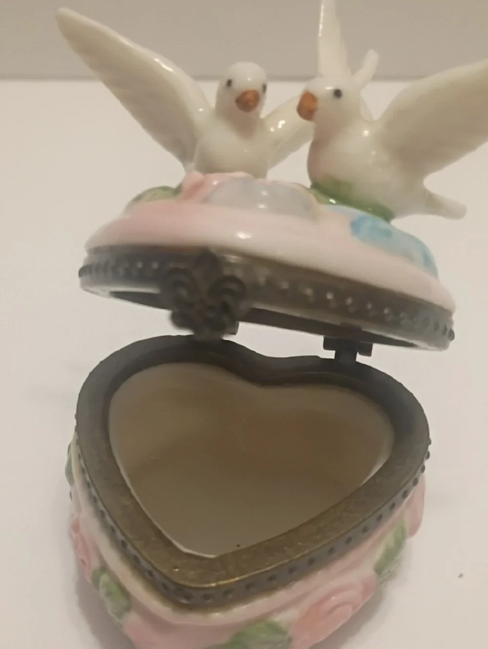 Vintage Ceramic Love Birds Trinket Box with Pink Rose Accents Hinged